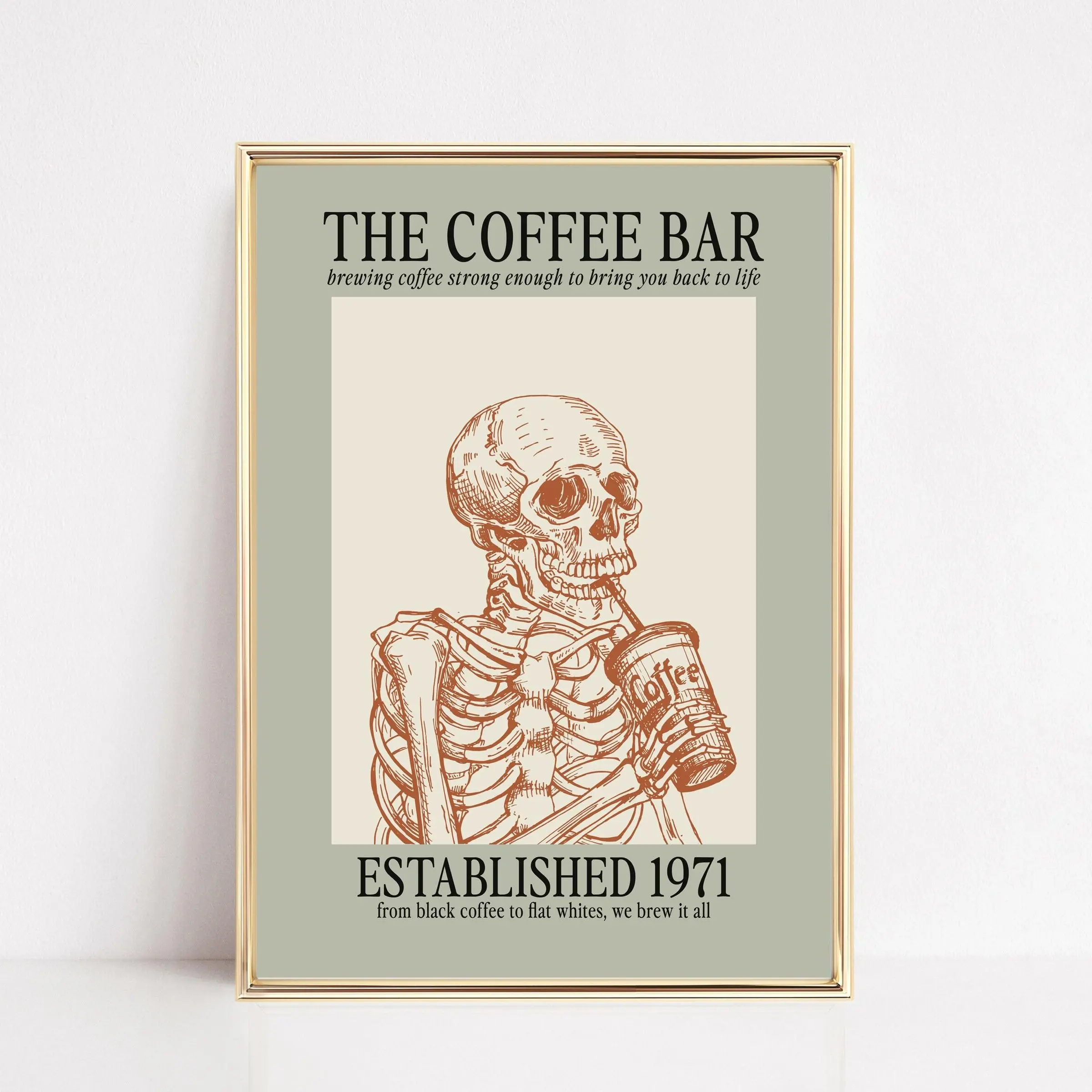 Coffee Bar Decor Poster No Framed | Coffee Wall Art | Retro Coffee Print | Sage Green Wall Art | Skeleton Coffee Poster