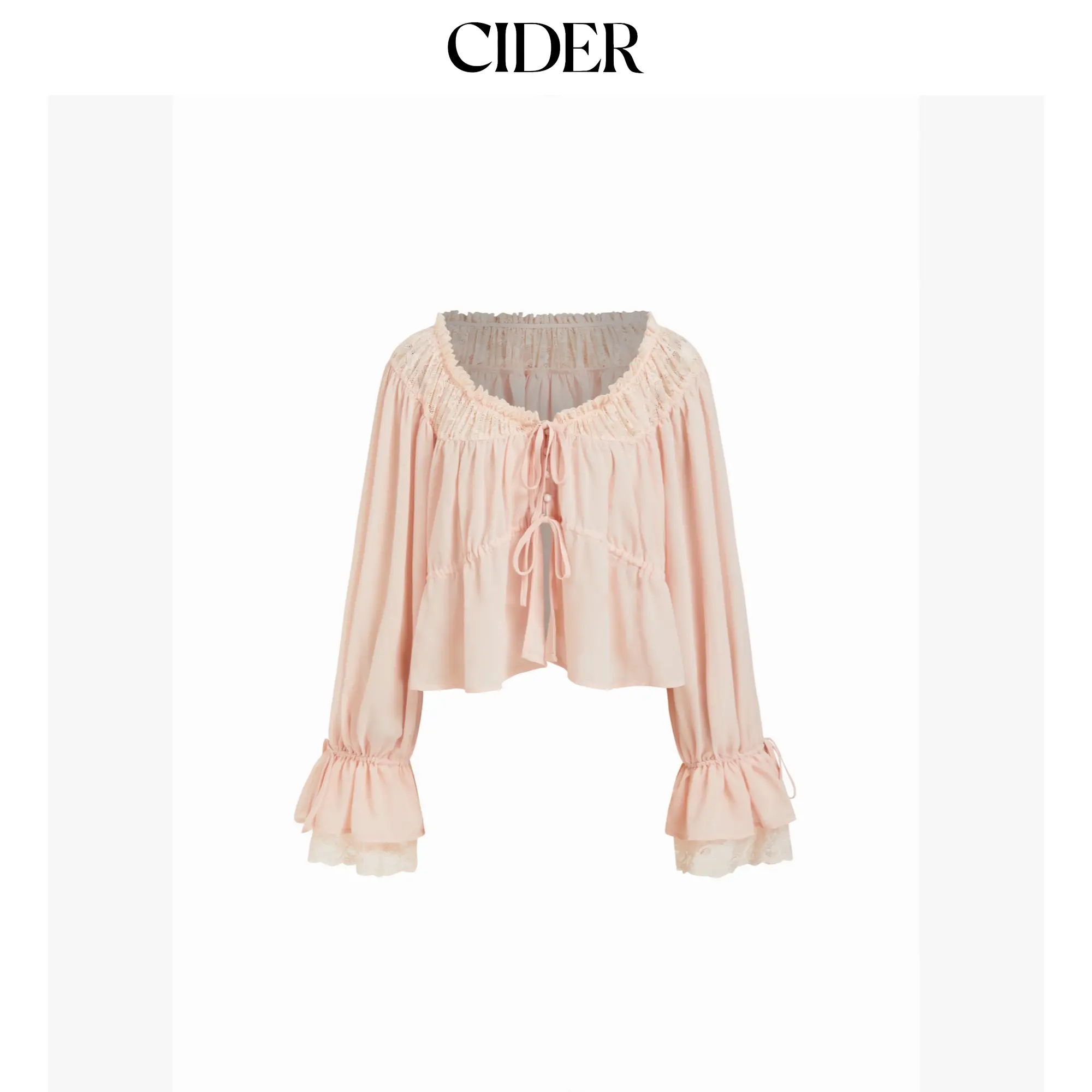 Cider Chiffon Scoop Neckline Long Sleeve Ruffle Contrasting Lace Knotted Blouse