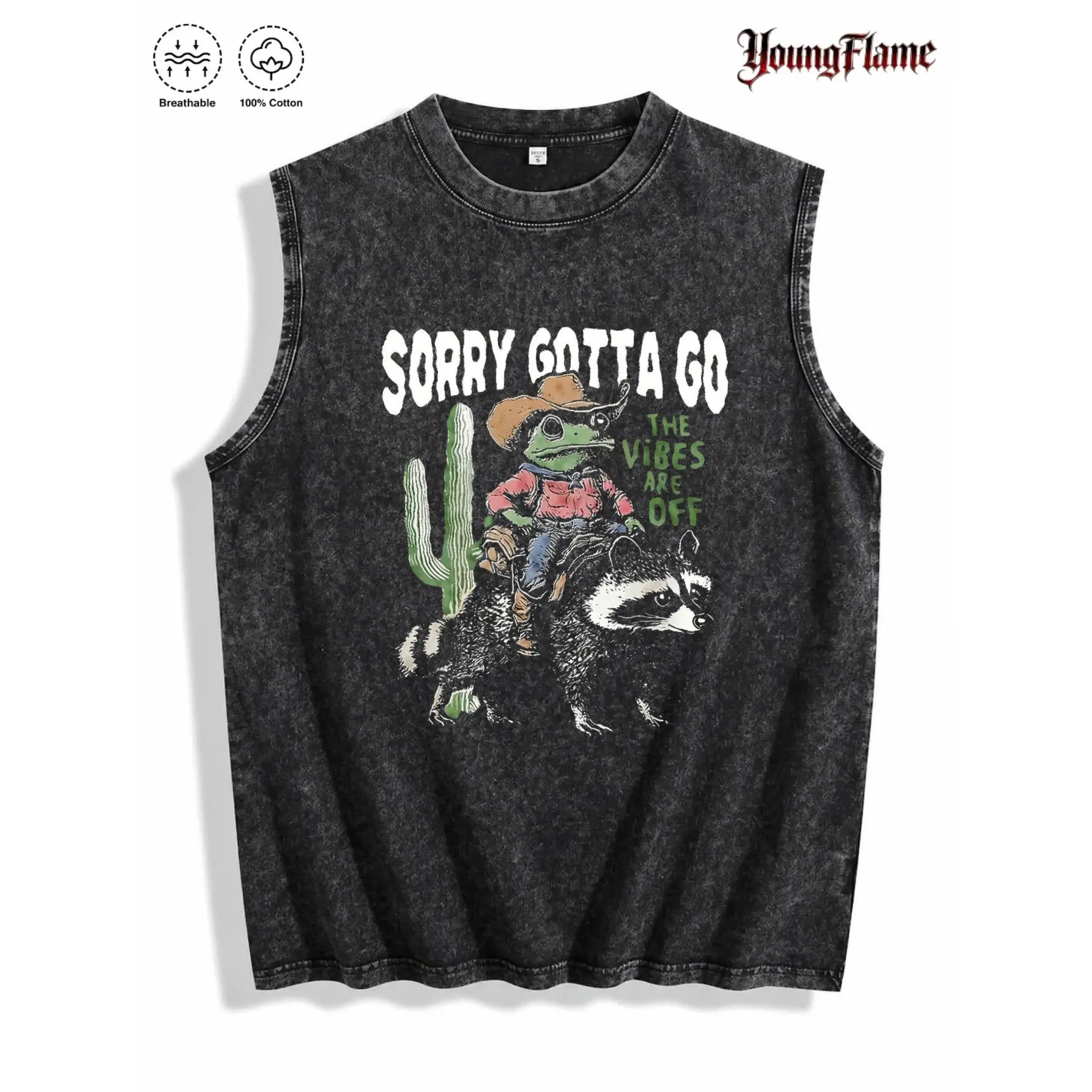Men's Retro Acid Wash Graphic Tank Top with Funny Cowboy Frog, Casual Crew Neck Streetwear for Party, Menswear