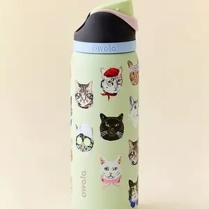 Owala 32oz Insulated Water Bottle – Leak-Proof, BPA-Free Stainless Steel with Cute Cat Print