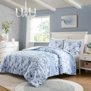 Intelligent Design ID12-2328 68 x 90 x 0.13 in. Christa Floral Striped Duvet Cover Set, Blue - Twin & Twin Extra Large, Twin Size Bed, Anti-Bacterial, Cottage Vibe