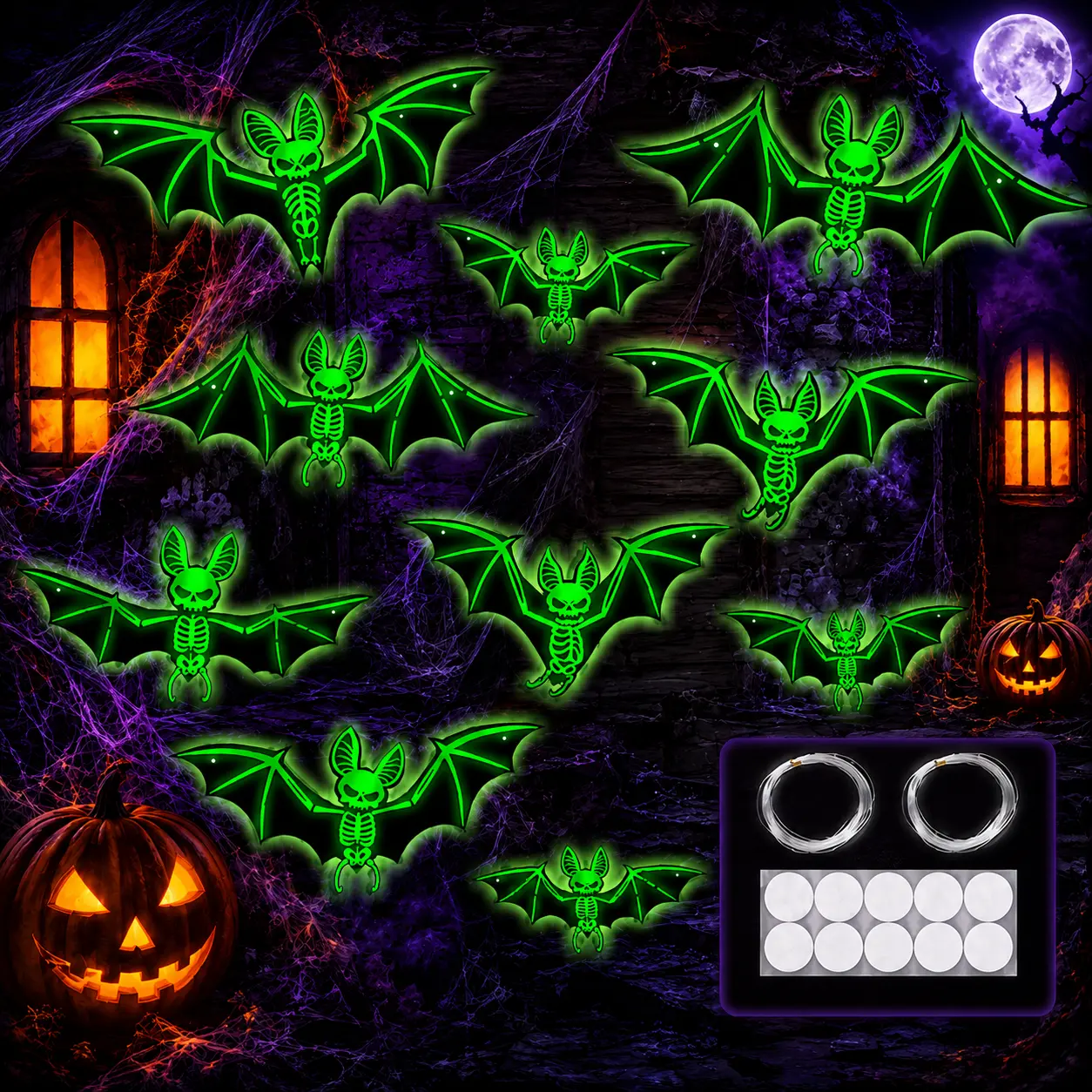 10PCS Spooky Glow-in-the-Dark Halloween Bats, Upgraded Luminous Lightweight PVC Hanging Decorations, Waterproof Light-Integrated Wall/Window Stickers for Indoor, Porch Bonfire Halloween Decor