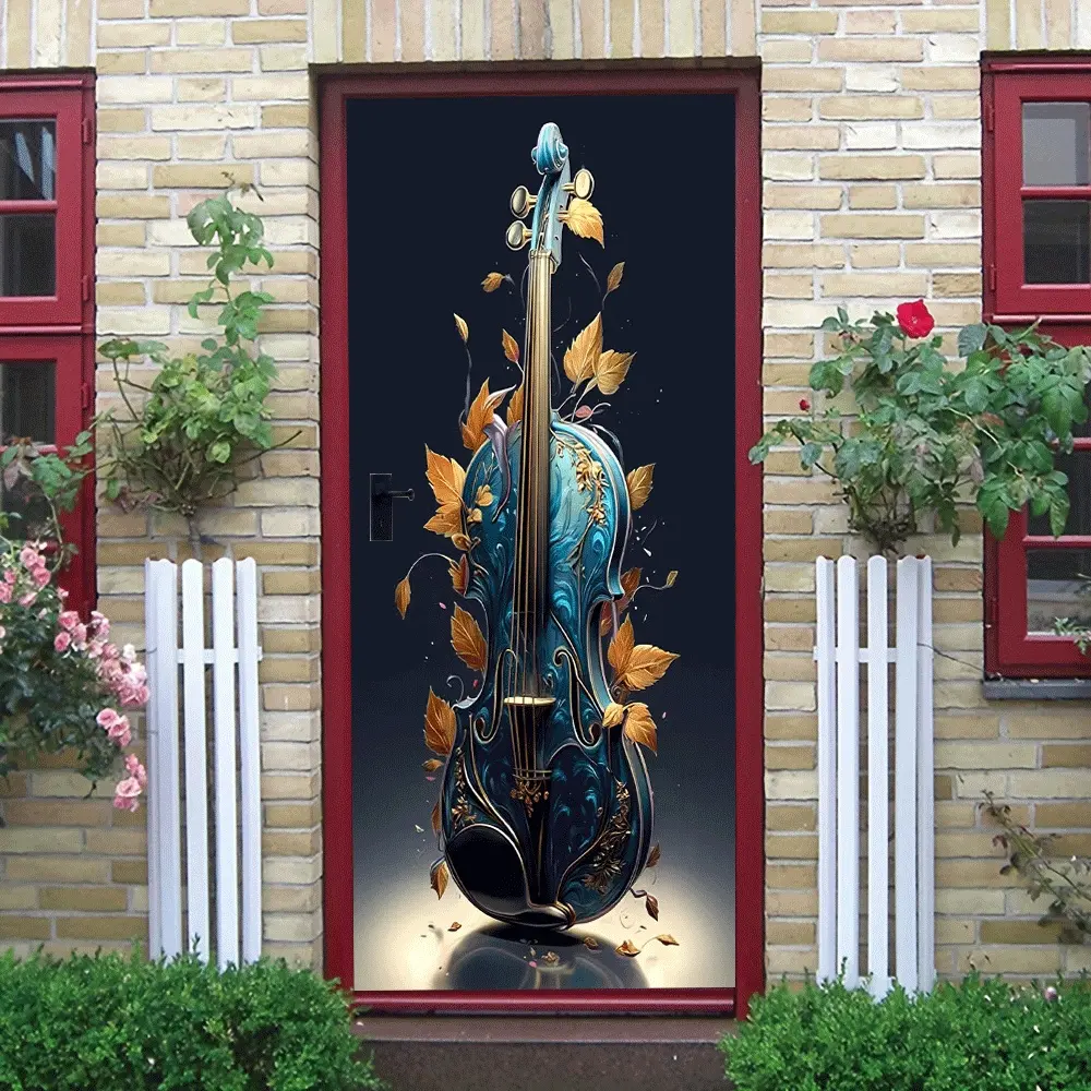 2 This wall sticker features a blue violin as the main body, paired with golden maple leaves and exquisite patterns, showing an artistic atmosphere. It can easily decorate living rooms, bedrooms,
