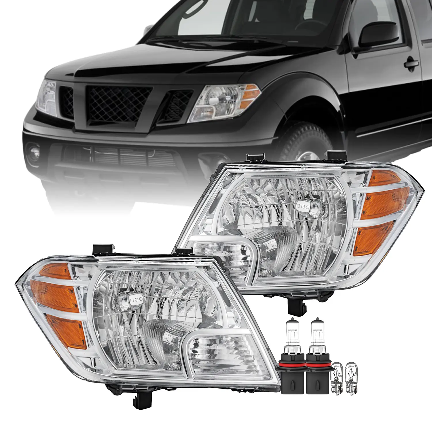 Halogen Headlights Assembly with Bulbs for 2009-2021 Nissan Frontier Replacement Headlamps