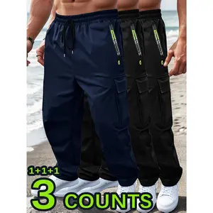 3-Pack Men's Straight-Leg Cargo Pants - Lightweight + Drawstring Elastic Waist, Zippered Pockets Breathable Outdoor/Casual/Work Pants