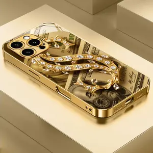 Fortune Diamond-Encrusted Gold Dollar Charm New Electroplated Gold Tempered Glass Phone Case Suitable for iPhone 17 16, 15, 14, 13, 12, 11 Plus Pro Max