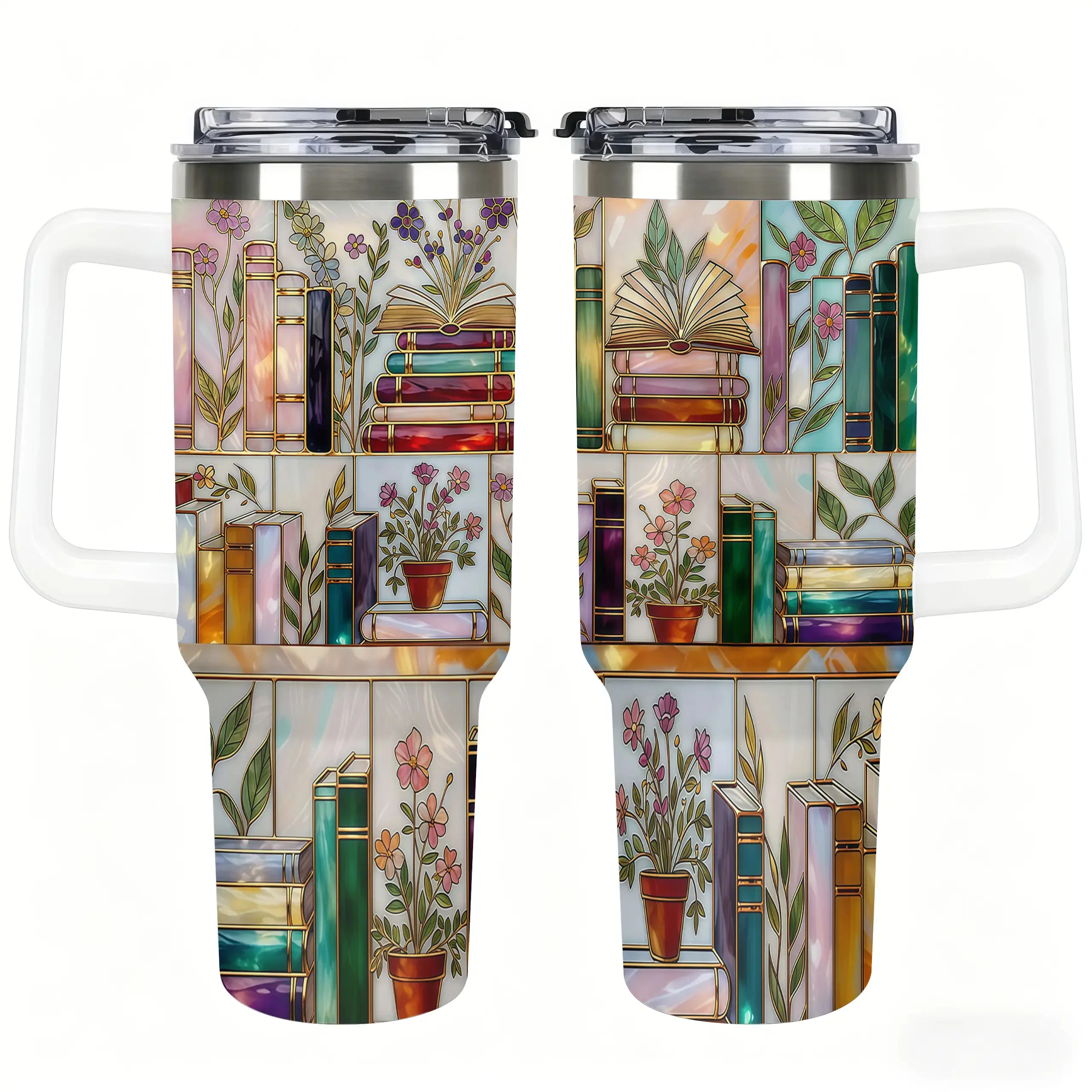Stained-Glass Book Design Tumbler Family Set, Floral Bookshelf Tumbler, Book Lover Gift, Bookish Cup, Library Cup, Tea Cup, Coffee Mug, Gift for Friends, Kitchen Drinkware, Dealsforyou, Summerwins