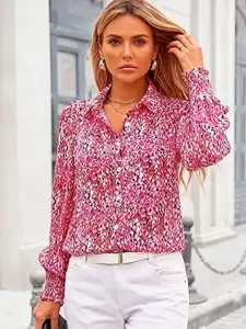 A women's rose-red background motted textured Floral collared lapel pleated cuff blouse shirt Bright fashion style thin long-sleeved top, suitable for autumn and winter, suitable for daily outing, light commuting office, light social occasions