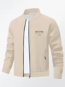 Men's Fall Winter Casual Letter Print Stand Collar Jacket, Business Style Outdoor Sports Coat, Zipper Closure Design, Casual Fitted Jackets
