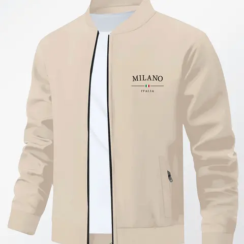 Men's Fall Winter Casual Letter Print Stand Collar Jacket, Business Style Outdoor Sports Coat, Zipper Closure Design