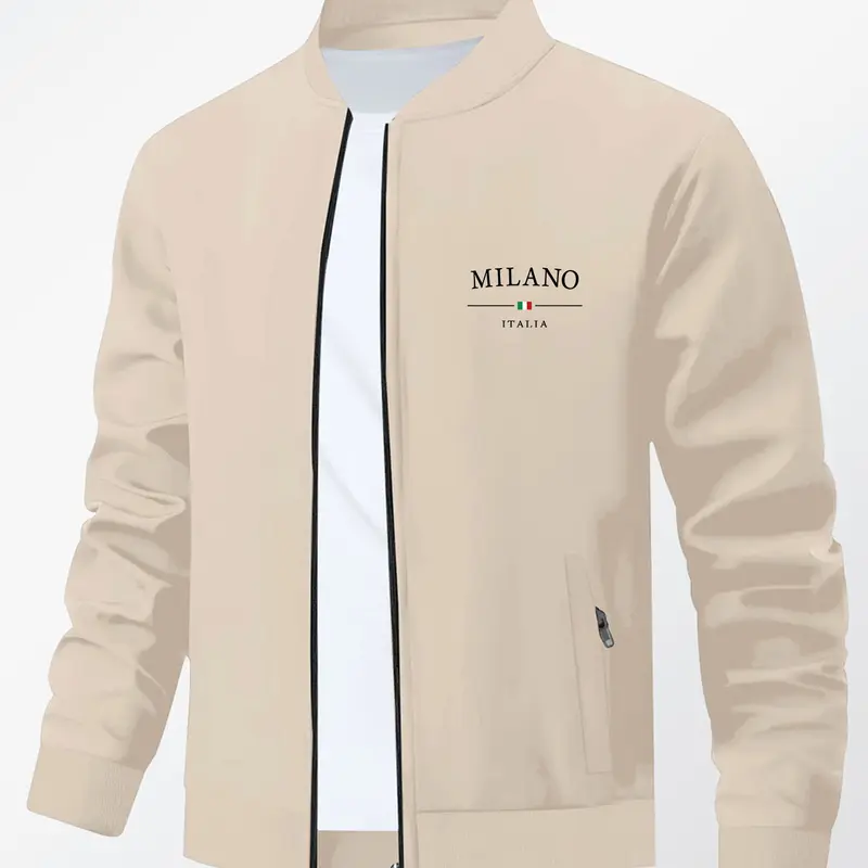 Men's Fall Winter Casual Letter Print Stand Collar Jacket, Business Style Outdoor Sports Coat, Zipper Closure Design