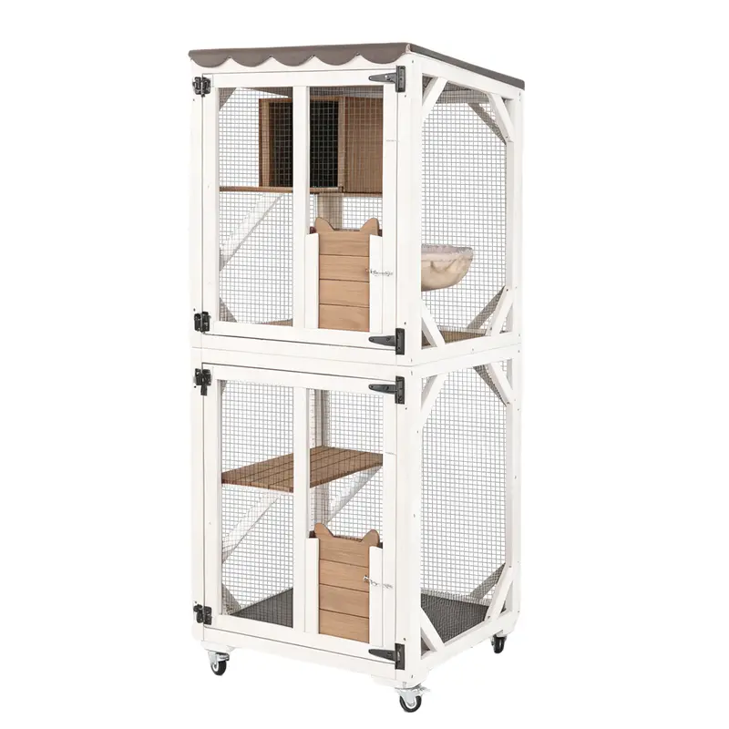 Aivituvin-AIR22-M Medium Wheeled Wooden Indoor & Outdoor Cat Enclosure (1 Set) - Waterproof, Expandable to 2 Sets, Wheel Mobility, Wire Mesh Roof, Resting Box & Hammock, Scratching Post & Jump Platform, Window Access, Slider Door Connection Cat Furniture,