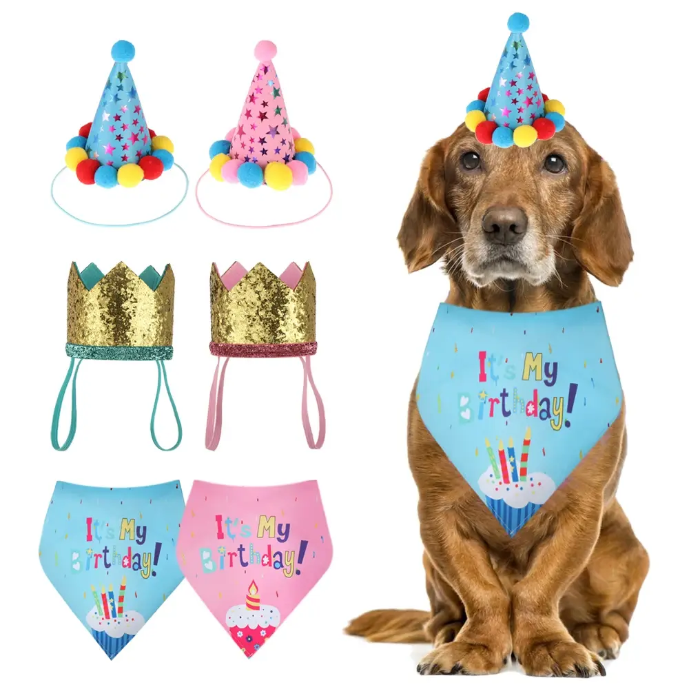 Small Pet Birthday Hat & Bib 1-Set - Adjustable, Comfy Cotton Fabric, Durable, Washable, Versatile Styles, Photo-Ready Triangle Scarf Collar, Festive Party Costume Accessories for Cats & Dogs, Great Gift Idea