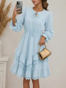 ZANZEA Women's Plain Color Feminine Dress, Textured Tie Belt Long Sleeve Lantern Sleeves, Lace Trim Fringe Design, Waist Cinching Elastic Band, Ideal for Casual Wear Daily Commute