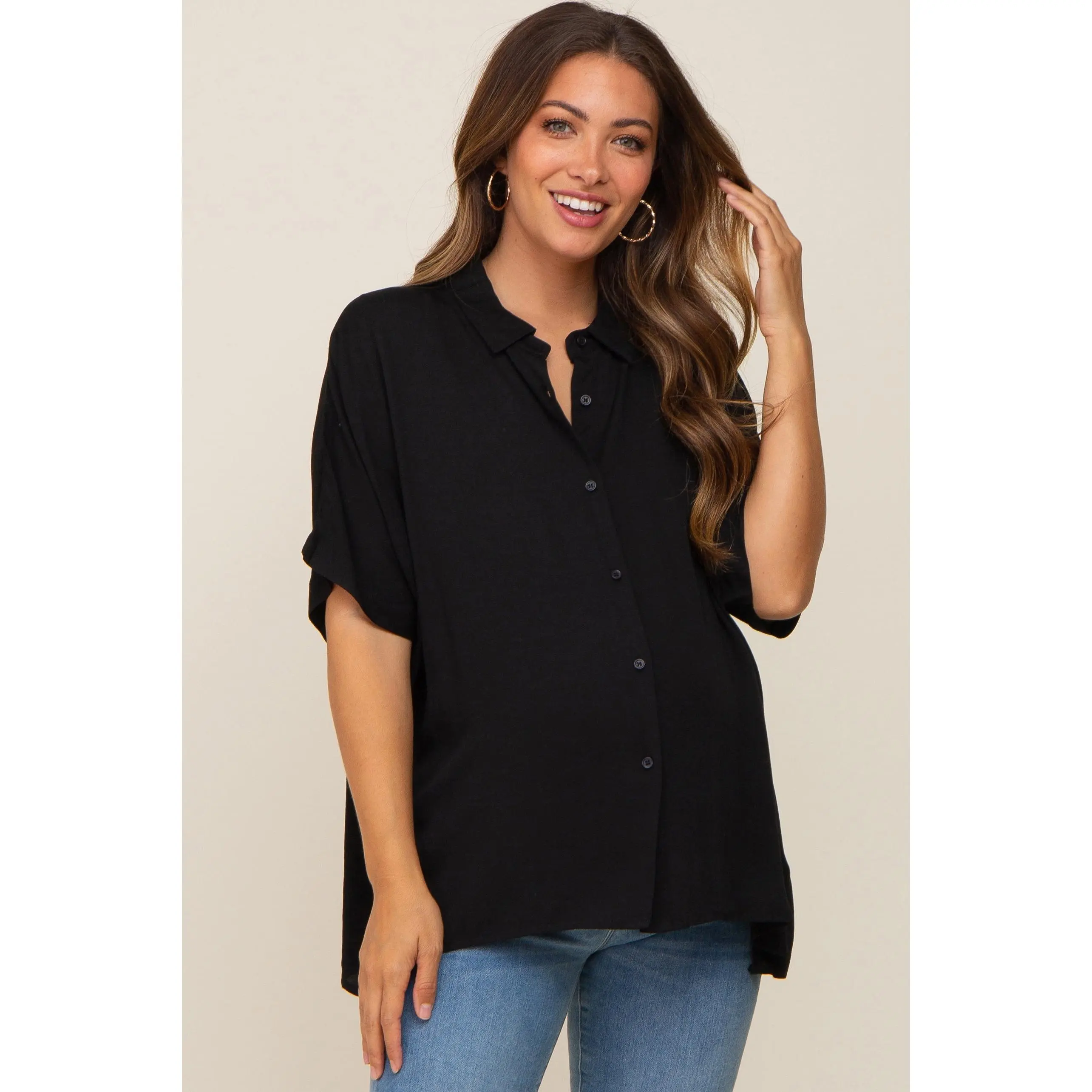 Black Button Up Dolman Short Sleeve Maternity Top