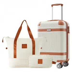 Hard shell lightweight 3-piece luggage set, stylish retro luggage (20 "suitcase+travel bag+makeup bag) for both men and women, with dual swivel and TSA lock