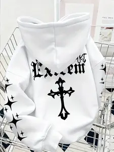 Viral TikTok Gothic Graphic Hoodie, Everyday, Oversized Soft Fleece Cozy Home Loungewear, Alt Aesthetic Cross & Letter Print, Comfortable Daily Home Wear Outfit, Dark Academia Y2K Streetwear Vibe, Warm Casual Hooded Sweatshirt For Relaxing Indoors