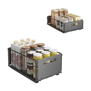 Peel & Stick Pull Out Cabinet Organizer, No Drill Heavy Duty Carbon Steel Slide Out Drawer. Smooth Gliding Sliding Storage Shelf for Kitchen Cabinets, Pantry & Under Sink. Modern Space-Saving Home Organizer (14.8" Depth). Easy Install!