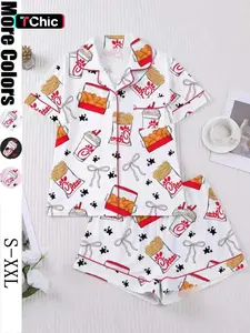 Women's Snack Chicken Bow Print Pajama Set, Short Sleeve Button-Up Soft Top & Loose Elastic Shorts, Casual Home Wear for Daily Use