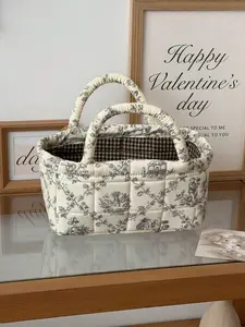 Cute Fabric Weaving Storage Basket with Handle, Vintage Print Cosmetics Organizer, Portable Laundry Basket, Home Decor, Gift Idea, Foldable Design
