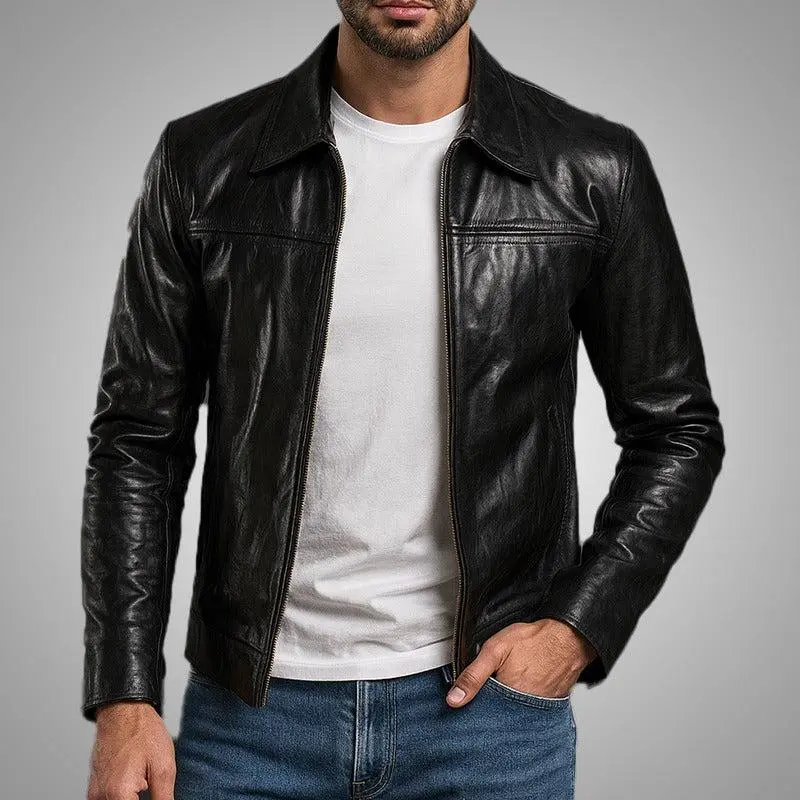 Cuir Jackets Legacy Black Cowhide Leather Jacket 100% Genuine Leather Classic Collar Smooth Zipper Quilted Lining Pockets Menswear Outerwear