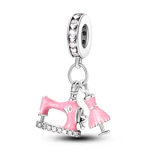 MULA 925 Sterling Silver Sewing Machine and Dress Pendant | Pink Enamel and Zirconia Fashion Jewelry | Symbol of Creativity and Craftsmanship | Fits Pandora Bracelets and Necklaces | Perfect Gift for Designers and Fashion Lovers