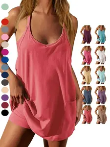 2026 Women's Athletic Sleeveless Mini Dress with  Shorts Summer V Neck Spaghetti Strap Short Spring Tennis Dress with Pockets