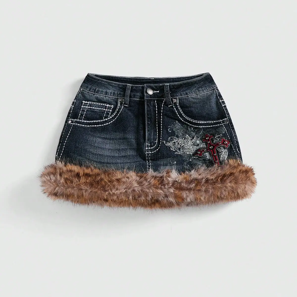 Chic Women's Casual Denim Mini Skirt Bodycon Fit with Embroidery Button Details Faux Fur Trim for Everyday Wear - Womenswear