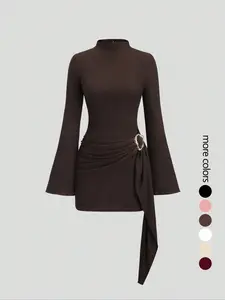 Women's stand-up collar, fitted waist, minimalist flared sleeves, metal buckle slim-fit midi dress, perfect for parties.