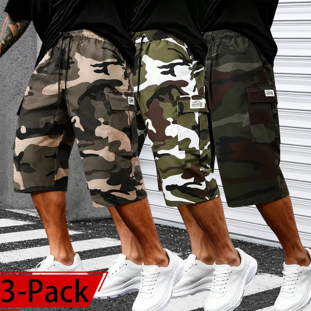 Men's 3 Pack Camo Cargo Shorts Loose Fit Drawstring Elastic Waist Multi Pocket Long Shorts Lightweight Breathable Casual Streetwear Outdoor Hiking Tactical Work Knee Length Cargo Shorts for Summer Daily Wear Gym Travel Fishing Utility Shorts for Men Style