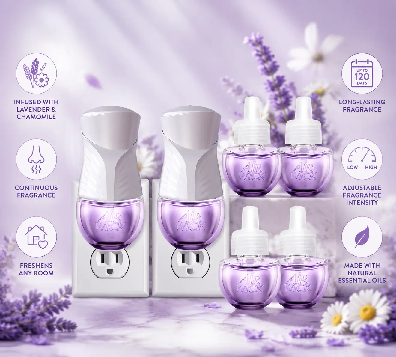 Air Wick Plug-in Scented Oil Starter Kit, 8-Piece Calming Lavender & Chamomile Fragrance Set with 2 Plug-in Units & 6 Refills, Eco-Friendly Essential Oil Air Freshener for Home Care, Long-Lasting