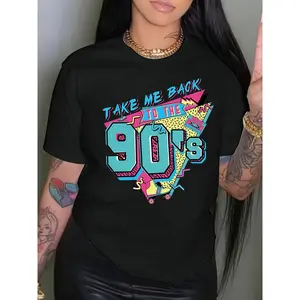 Women's Plus Size 90s Retro T-Shirt, "Take Me Back To The 90s" Print, Stretch Crew Neck, Machine Washable Summer Top