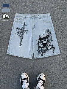 Men's Dark Gothic Thorn Cross Printed Graphics Denim Shorts with Cotton Fabric, Geometric Patterns, Casual, Streetwear Style for Festivals and Daily Outings