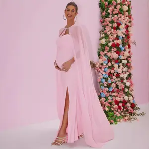 Joyfunear Pink Maternity Maxi Dress with Cape, Strapless Bodycon Pregnancy Gown with Slit for Baby Shower Photoshoot