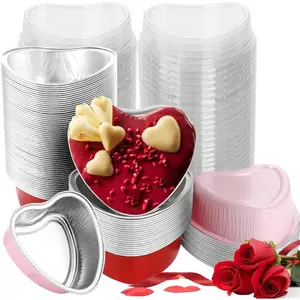 100 Pcs Heart Shaped Cake Pans with Lids Mini Aluminum Foil Cupcake Baking Tins 3.4 Oz Disposable Heart Shape Containers for Valentine's Day, Mother's Day, Wedding, Christmas (Red, Pink)
