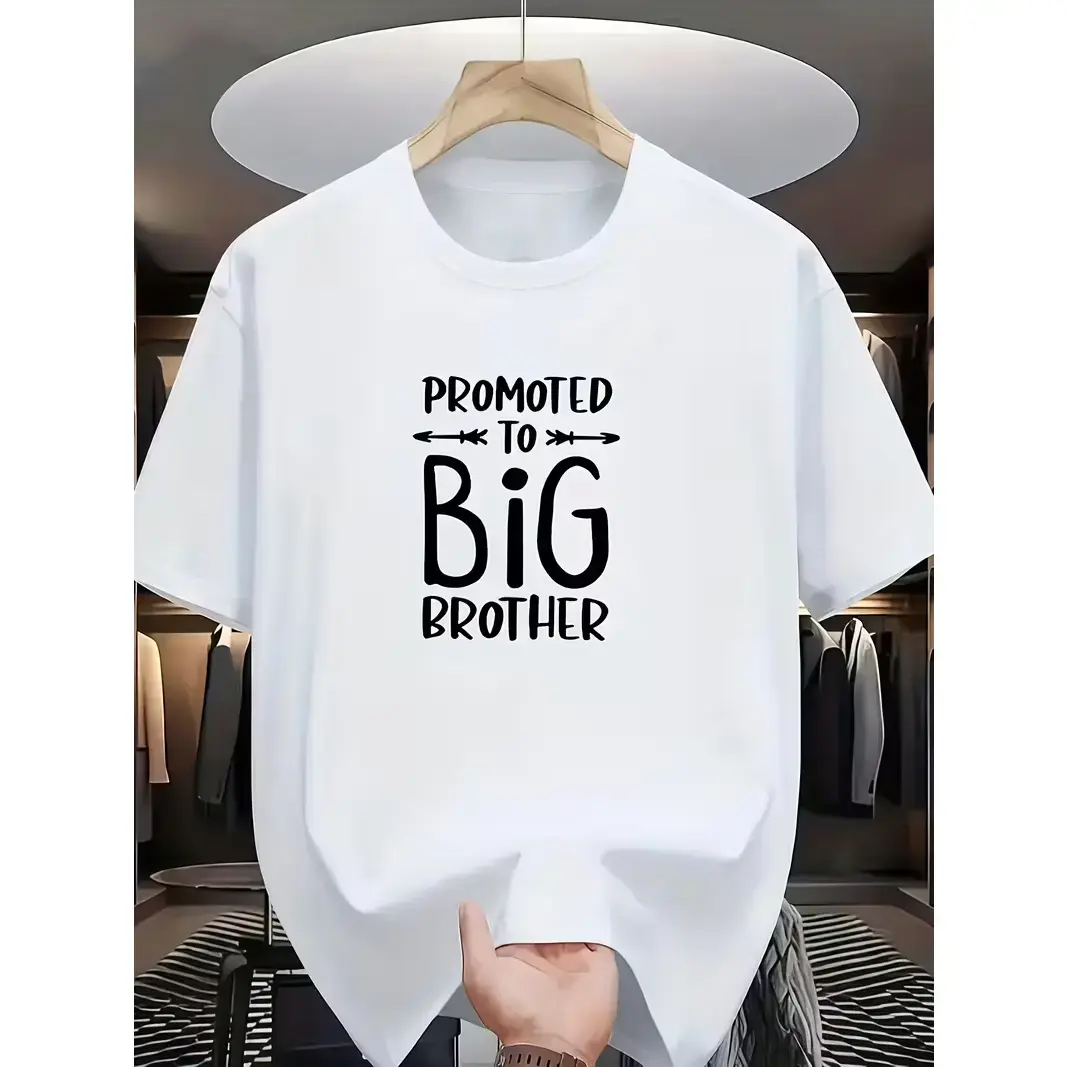 Men's "Promoted to Big Brother" Design T-Shirt - Casual Round Neck Short Sleeve Tee with Big Text, Machine Washable Summer Top for New/Expecting Brothers Gift