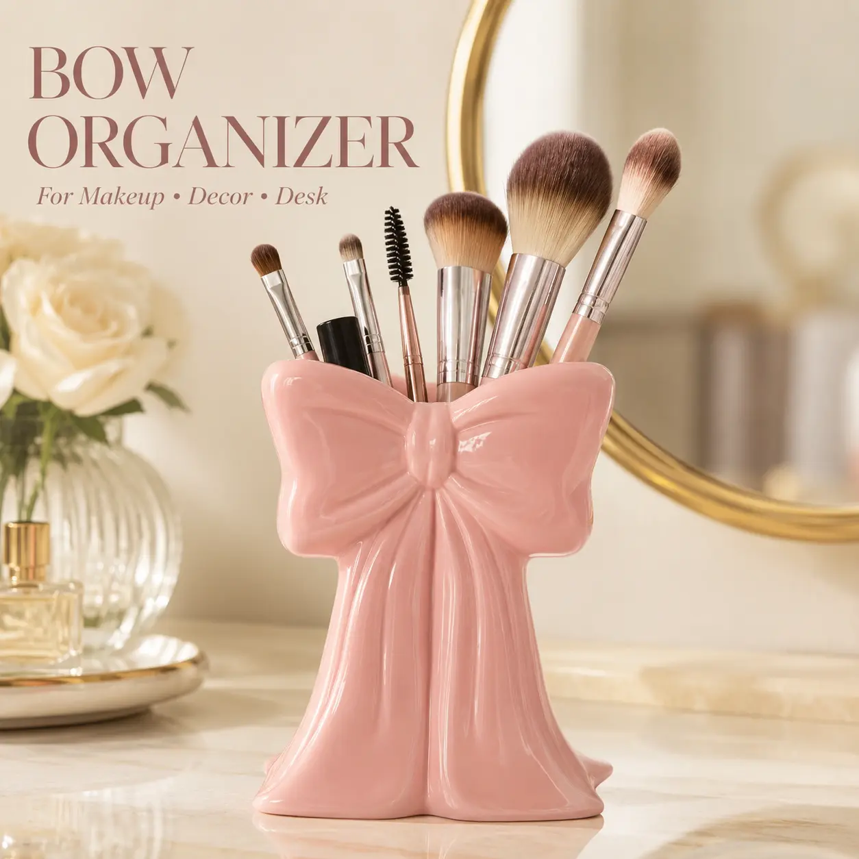 Resin Cute Bow Multifunctional Desktop Makeup Organizer Box - Cosmetics Storage Box with Compartments for Cosmetics, Office Supplies, Vanity Accessories, Home Vanity Decoration, Women's Gift