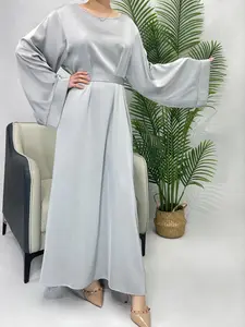 Women's Solid Belted Satin Abaya, Modest Long Sleeve Round Neck Maxi Muslim Dress for Women, Women's Islamic Clothing for Summer