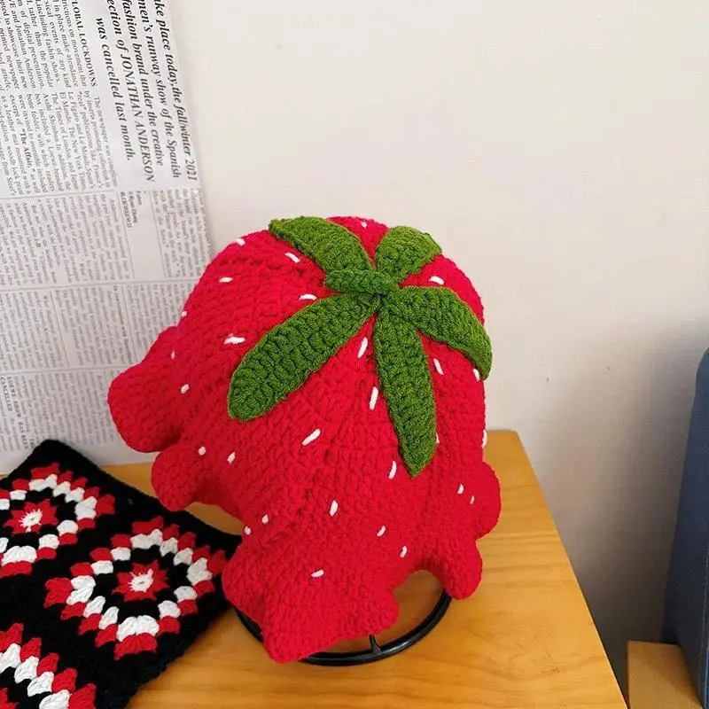 Women's Knit Fabric Bucket Hat - Handmade Vintage Female Sun Hat with Embroidered Strawberry Flower Motif, Cute Portable Design, Strawberry Motif, Knitted, Embroidery, Handmade Knit Hats