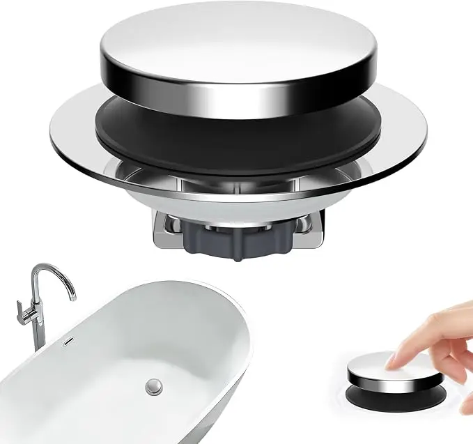 3-in-1 Metal Bathtub Drain Stopper Chrome Pop-up Tub Stopper with Removable Filter Basket for Easy Cleaning & Installation Universal Compatibility