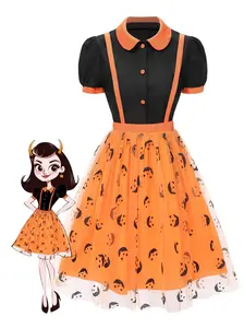 1940s Halloween Peter Pan Collar Blouse & Smiley Face Mesh Skirt Womenswear Whimsical Costumes