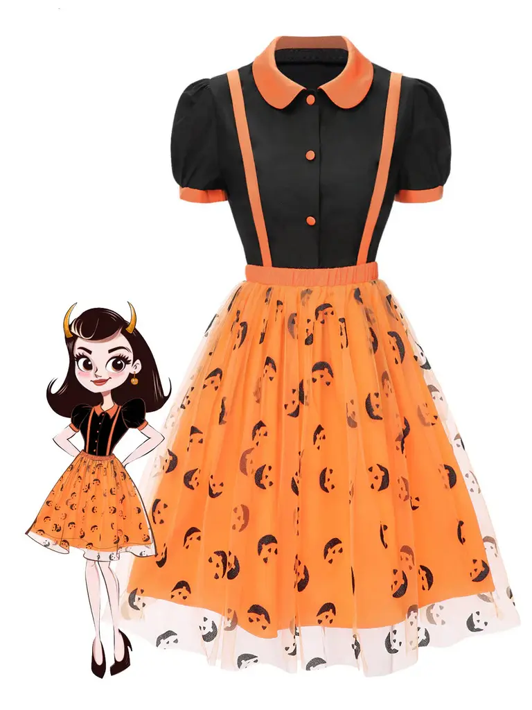 RETRO STAGE Women's 2-Piece Vintage Clothing Set, Chic 1940s Peter Pan Collared Shirt & Smiley Face Mesh Skirt for Halloween