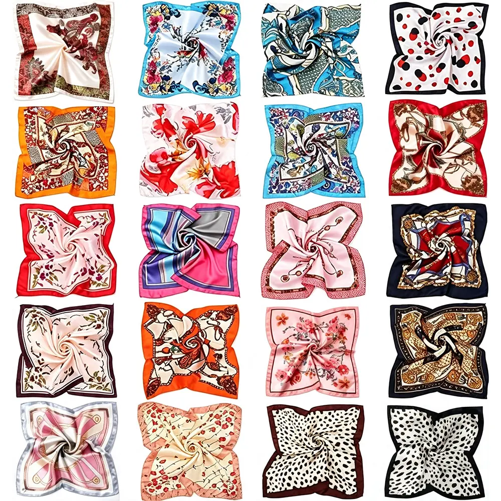 Women's 20pcs All Over Print Square Satin Small Scarves (50cm/19.7in) - Vintage Adjustable Multi-Color Colorful Floral Hankie Fabric Head Scarves, Multi-Use Silky Accessory for Daily Wear