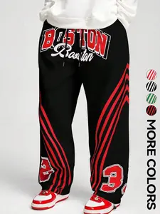 Men's Boston Pattern Basketball Pants, Sports Casual Pants, Wide Leg with Stripe Decor, Breathable Streetwear, Casual Daily Wear, Weekend