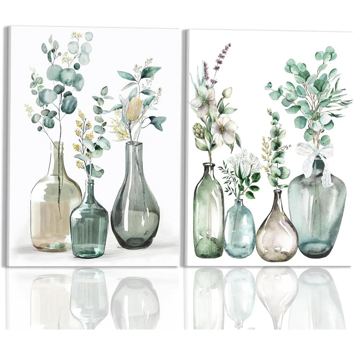 2pcs Framed Botanical Wall Art Prints - Watercolor Look Green Glass Bottle, Eucalyptus, Sage Flowers, Daisy Boots Canvas (16x24in) Neutral Green Home Decor for Living Room, Wardrobe, Balcony, Kid Room, Classroom