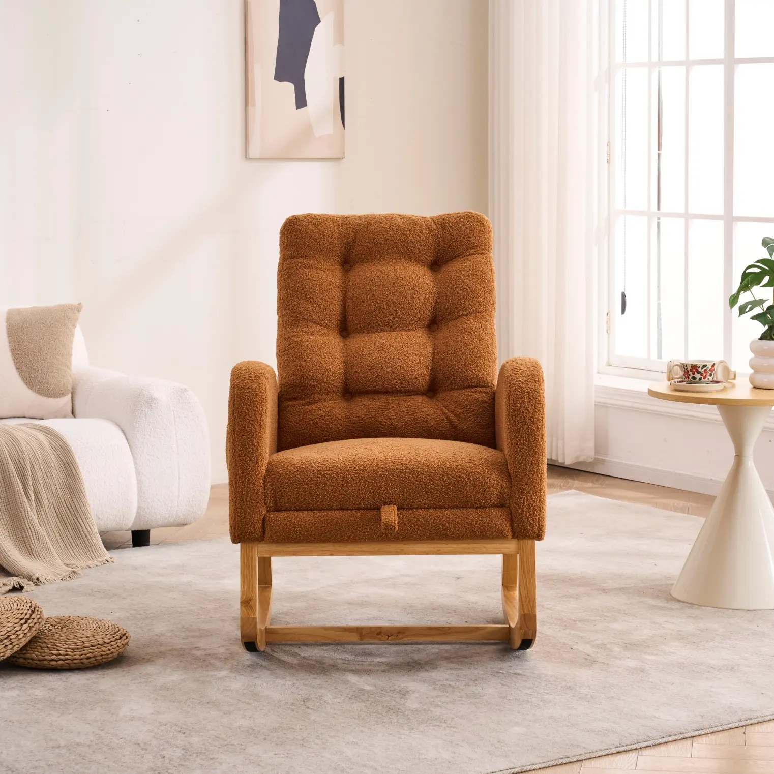Bellemave Modern Upholstered Rocking Recliner Chair - Fixed Arms, Foam Spring, Footrest, High Back, Rubber Wood Legs, Soft Fabric, Side Storage Pocket, 26.77D x 38.36W x 39.76H in, Comfortable Rocking Chairs for Bedroom, Living Room, Rocking Chair