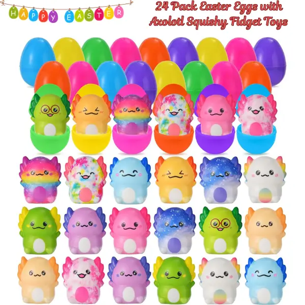 24-Pack Easter Theme Cute Phthalate-Free Axolotls Slow Rising Squishy Fidget Toys in Eggs - Stress Relief, Sensory Activities, Learning Tools for 3+ Unisex Kids, Egg Hunt Fillers, Kids Favorites