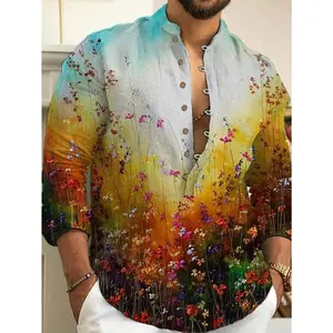 Bamboo Knot Hemp 7-Button Stand Up Collar Long Sleeved Shirt Menswear Short