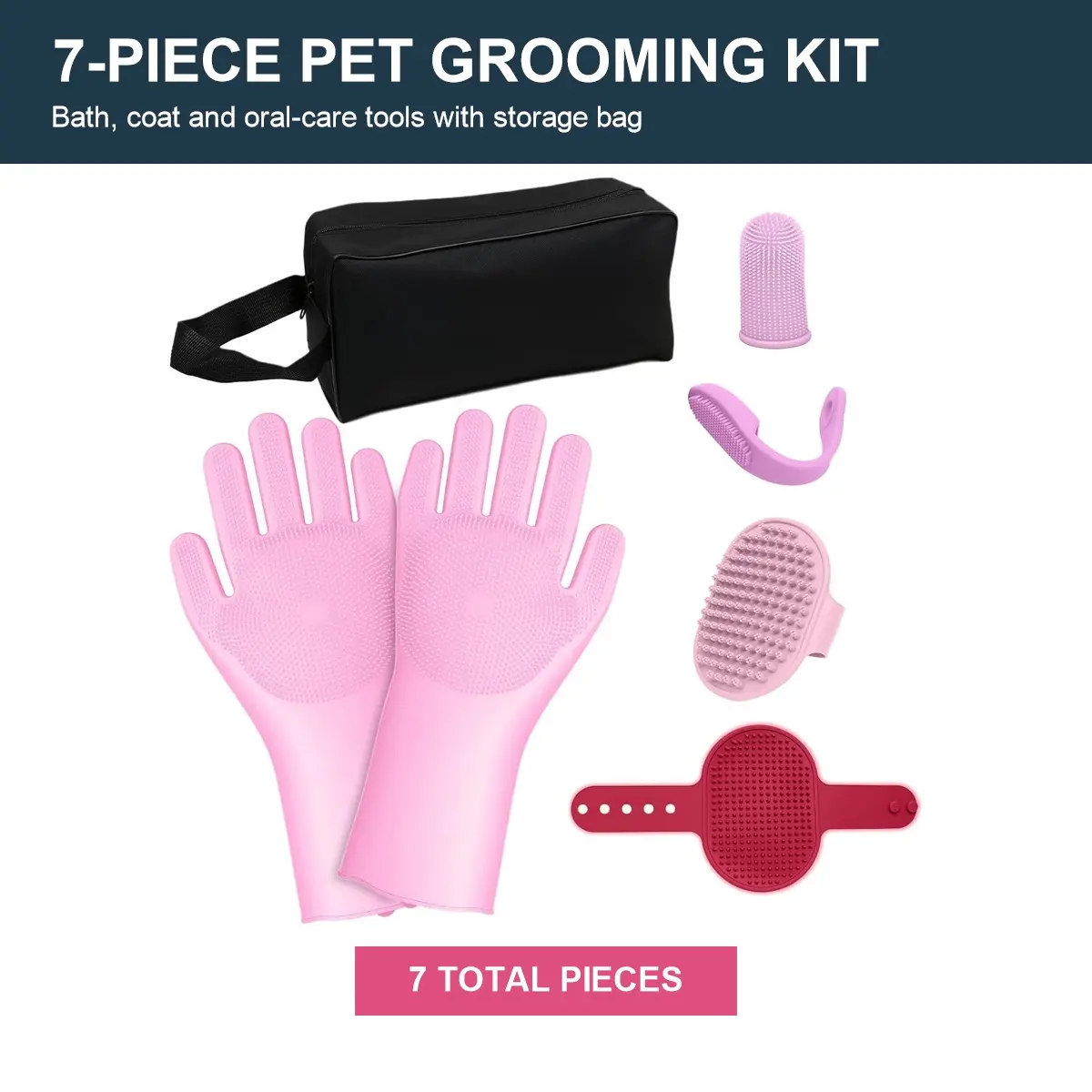 7-Piece Dog & Cat Grooming Kit with Silicone Bath Gloves, Wash Brushes, Oral-Care Tools and Zippered Storage Bag