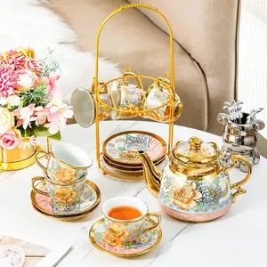 Vintage Ceramic Tea Set, Luxurious Craftsmanship, Smooth Glaze Easy Clean, Large Capacity Teapot with Cups and Trays, Iron Rack Included